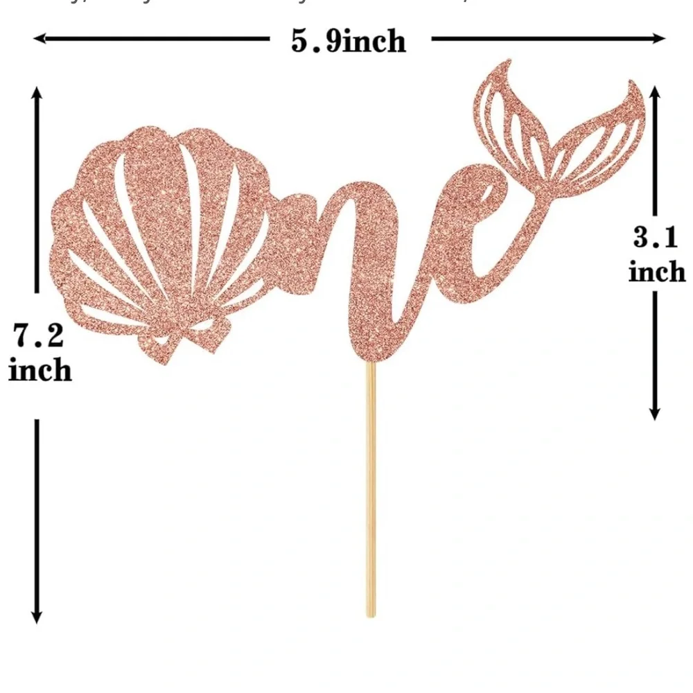 Mermaid Theme Rose Gold Glitter One Cake Topper Set of 2